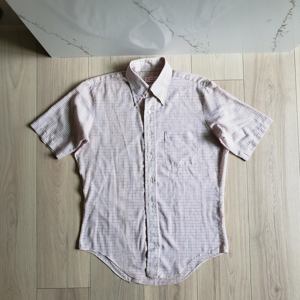 Vintage Getaway Arrow Shirt Mens L White Red Blue Check Paper Thin Button Up